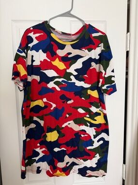 Zara Trafaluc Red Blue Green Multicolor Camo Tee/Tshirt Dress